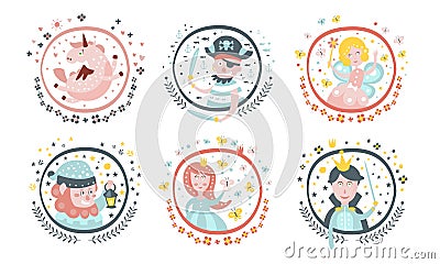 Cute Childish Fairy Tale Cartoon Characters Set, Adorable Unicorn, Fairy, Pirate, Gnome, Sorceress, Princess, Decoration Vector Illustration