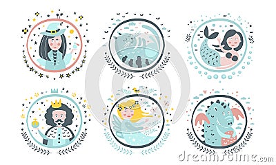 Cute Childish Fairy Tale Cartoon Characters Set, Witch, Cat, Mermaid, King, Angel, Dragon, Decoration Design Elements Vector Illustration