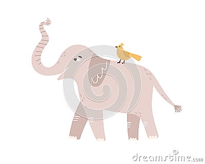 Cute childish gray elephant raising up trunk vector flat illustration. Little amusing bird sitting on back of huge wild Vector Illustration