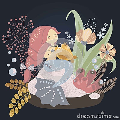 Cute childish illustration: little mermaid with a fish. Vector graphics Cartoon Illustration