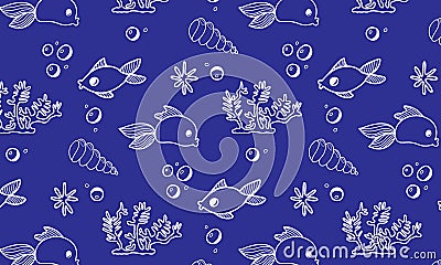 Cute childish marine pattern with fish, corals, shells on a dark blue background. Vector Illustration