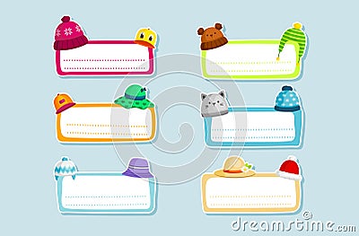 Cute childish school labels with winter and summer headdress collection vector illustration Vector Illustration