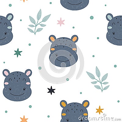 Cute childish seamless pattern with adorable hippo character with abstract elements around. Hand drawn Scandinavian style vector Vector Illustration