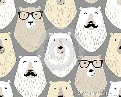 Cute childish seamless pattern with cartoon characters of different hipster bears with mustache and eye glasses Vector Illustration