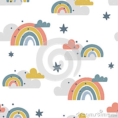 Cute childish seamless pattern with clouds rainbows and stars isolated on white background. Hand drawn Scandinavian style Vector Illustration