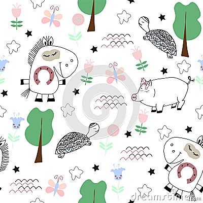 Cute childish seamless pattern with funny animals Vector Illustration