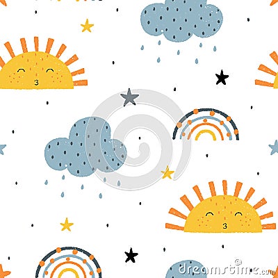 Cute childish seamless pattern with sun clouds rain stars and rainbows. Hand drawn Scandinavian doodle style vector Vector Illustration