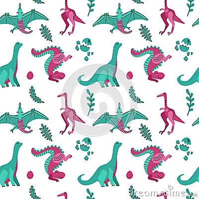 Cute childish seamless vector pattern with dinosaurs with eggs, plants. Funny cartoon dinos on white background. Hand drawn doodle Cartoon Illustration