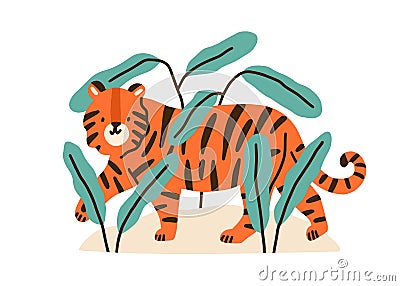 Cute childish tiger cub in jungle plants. Adorable funny exotic animal isolated on white background. Amusing wild feline Vector Illustration