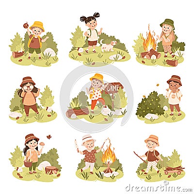 Cute Children with Backpack Hiking and Trekking Exploring Nature Vector Illustration Set Vector Illustration