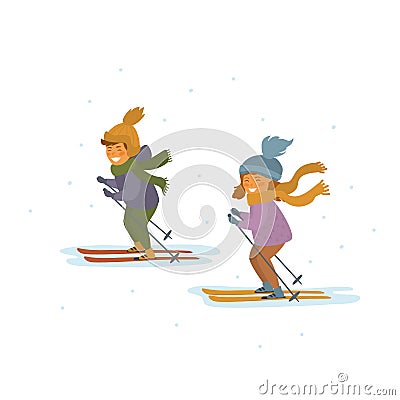 Cute children boy and girl skiing isolated vector illustration Vector Illustration