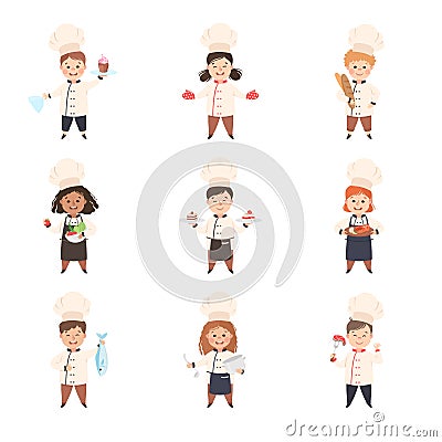 Cute Children Chefs Cooking in Kitchen Set, Kids in Uniform and Hats with Cooking Tools and Freshly Prepared Dishes Vector Illustration