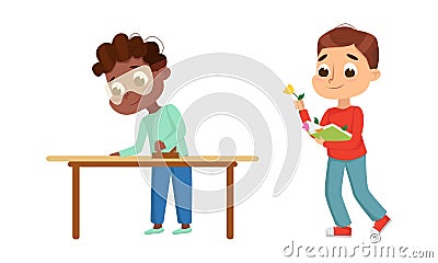 Cute Children in Class Studying School Subject Learning Carpentry and Biology Vector Set Vector Illustration