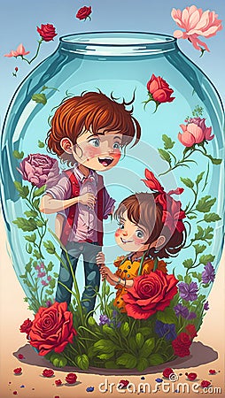 Cute children couple packed in a cylinder glass,girl giving to boy a rose, lovely nature, feel the nature with happiness. AI Stock Photo