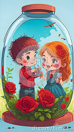 Cute children couple packed in a cylinder glass,girl giving to boy a rose, lovely nature, feel the nature with happiness. AI Stock Photo