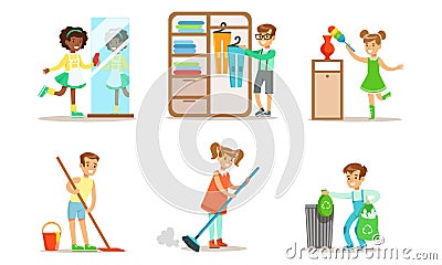 Cute Children Doing Housework Set, Boys and Girls Mopping and Sweeping Floor, Folding Clothes, Wiping Dust, Kids Helping Vector Illustration