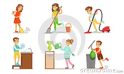 Cute Children Doing Housework Set, Boys and Girls Mopping, Sweeping and Vacuuming Floor, Washing Dish, Watering Plants Vector Illustration