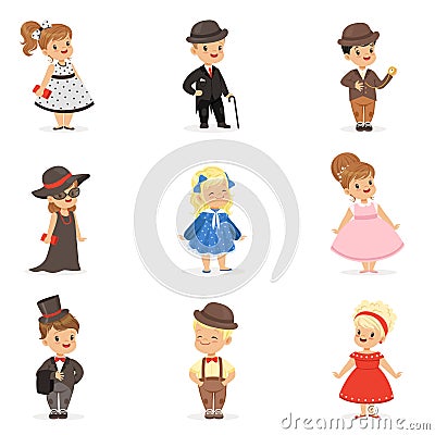 Cute children in elegant clothes for official social events. Kids in historical costumes cartoon colorful Illustrations Vector Illustration