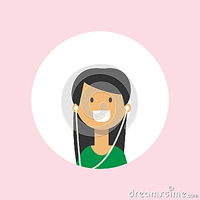 Cute children face happy girl headphones portrait on pink background, female avatar flat Vector Illustration