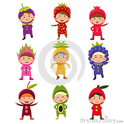 Cute Children in Fruit and Berry Costumes Vector Vector Illustration