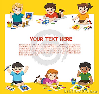 Cute children have fun and ready to get painting together. Vector Illustration