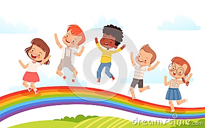 Cute children are jumping on a rainbow against the background of spring fields. The concept of a happy childhood Vector Illustration