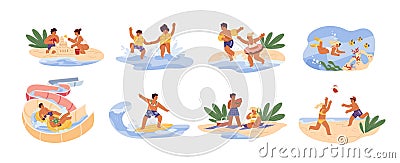 Cute children play games on summer beach. Siblings swim, dive at sea, slide at aquapark, build sand castle and surf Vector Illustration