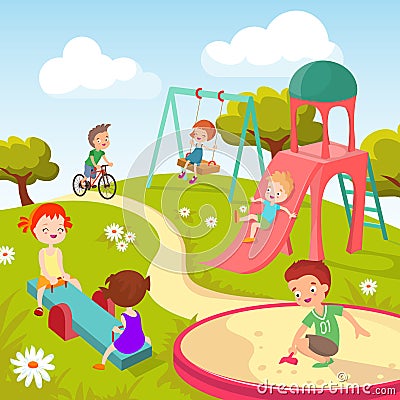 Cute children at playground. Happy children playing in summer park vector background Vector Illustration