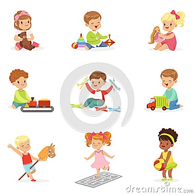 Cute Children Playing With Different Toys And Games Having Fun On Their Own Enjoying Childhood. Vector Illustration