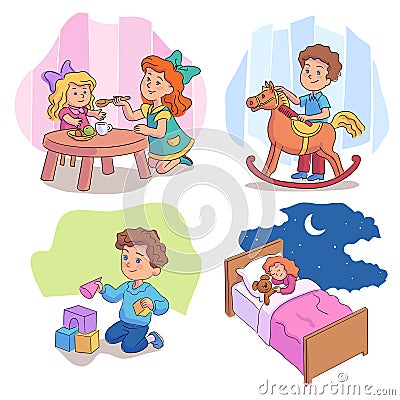 Cute children playing with toys cartoon scene set Vector Illustration