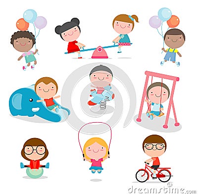 Cute children playing with toys in playground, kids in the park on white background, Vector Illustration Vector Illustration