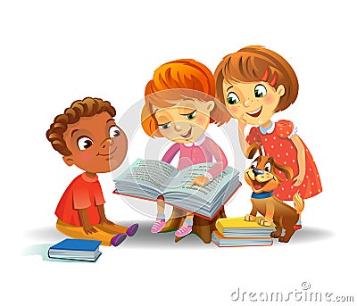 Cute children reading books Vector Illustration