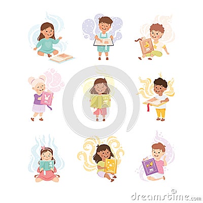 Cute Children Reading Open Books and Dreaming Vector Set Vector Illustration