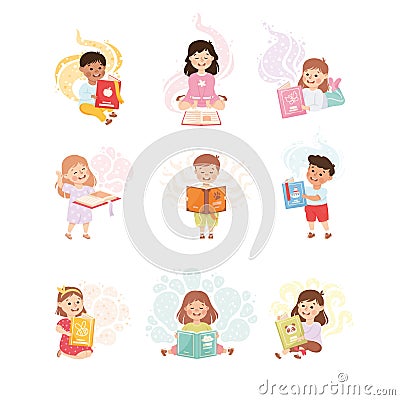 Cute Children Reading Open Books and Dreaming Vector Set Vector Illustration