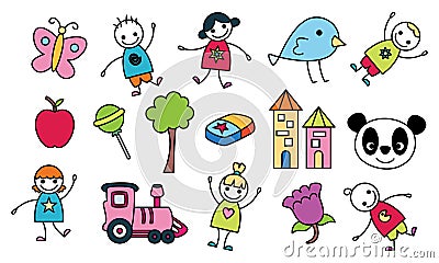 Cute children`s drawing, kids doodles illustration vector Editorial Stock Photo