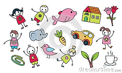 Cute children`s drawing, kids doodles illustration vector Editorial Stock Photo