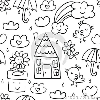 Cute children`s drawings seamless pattern Vector Illustration