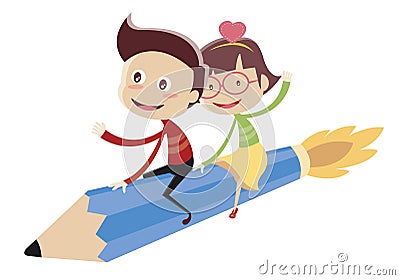 Cute children sitting on flying pencil Vector Illustration