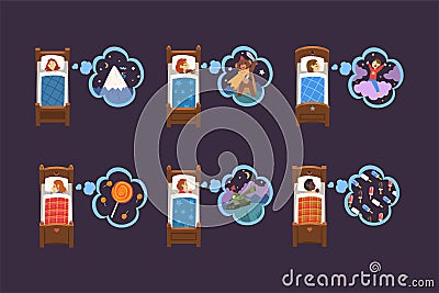 Cute children sleeping in beds with dreams in bubbles set. Little boys and girls sleeping under blankets in bedroom Vector Illustration