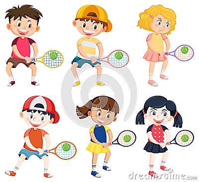 Cute children tennis players cartoon Vector Illustration