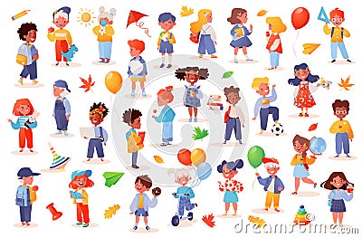 Cute children, variety of girls and boys with different hairstyles, skin color and nationality, smiling faces. Vector Illustration