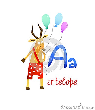 Cute children zoo alphabet A letter of Antelope for kids learning English vocabulary. Vector Illustration