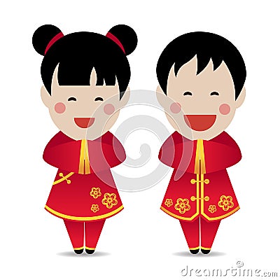 Cute Chinese boy and girl Standing respect vector design Vector Illustration