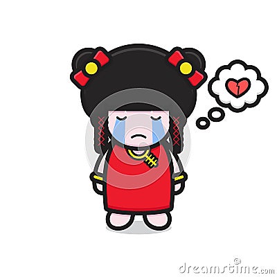 cute chinese girl character feel heartbreaking Vector Illustration