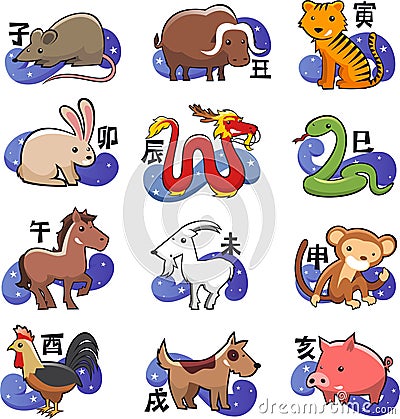 Cute chinese horoscope cartoon animals Stock Photo