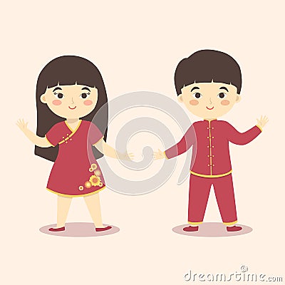 Cute Chinese Kids Boy Girl Costume Chinese New Year Cartoon Vector Vector Illustration
