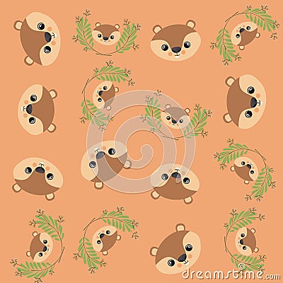Cute chipmunk and leafs pattern background Vector Illustration