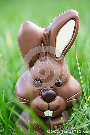 Chocolate bunny nestled in the grass Stock Photo