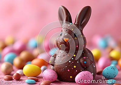 Cute chocolate easter bunny on colorful easter eggs background on spring holiday ocasion.Macro.AI Generative.Macro.AI Generative Stock Photo