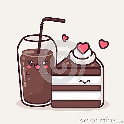 Cute chocolate shake with chocolate cake, hearts, and whipped cream, kawaii vector illustration, generative ai Cartoon Illustration